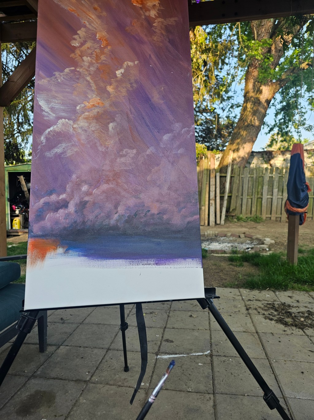 In-progress canvas showing a layered violet, rose, and blue sunset sky.