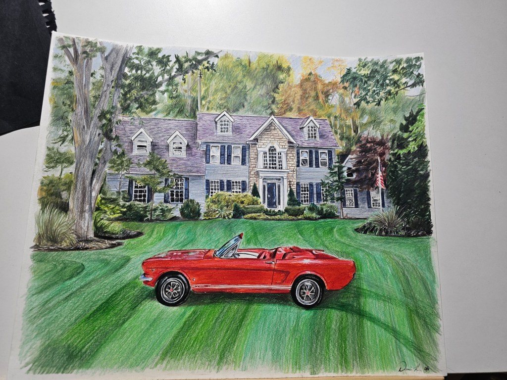 Colored-pencil drawing of a large house and landscaped lawn with a red convertible parked in front.