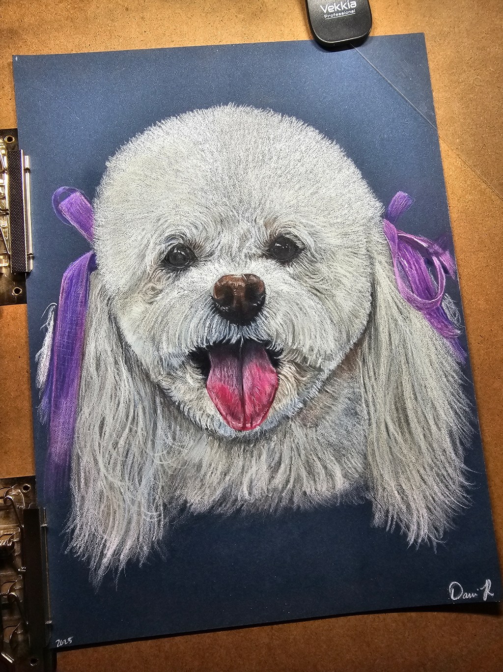 White poodle portrait against deep navy paper, accented by vivid purple bows.