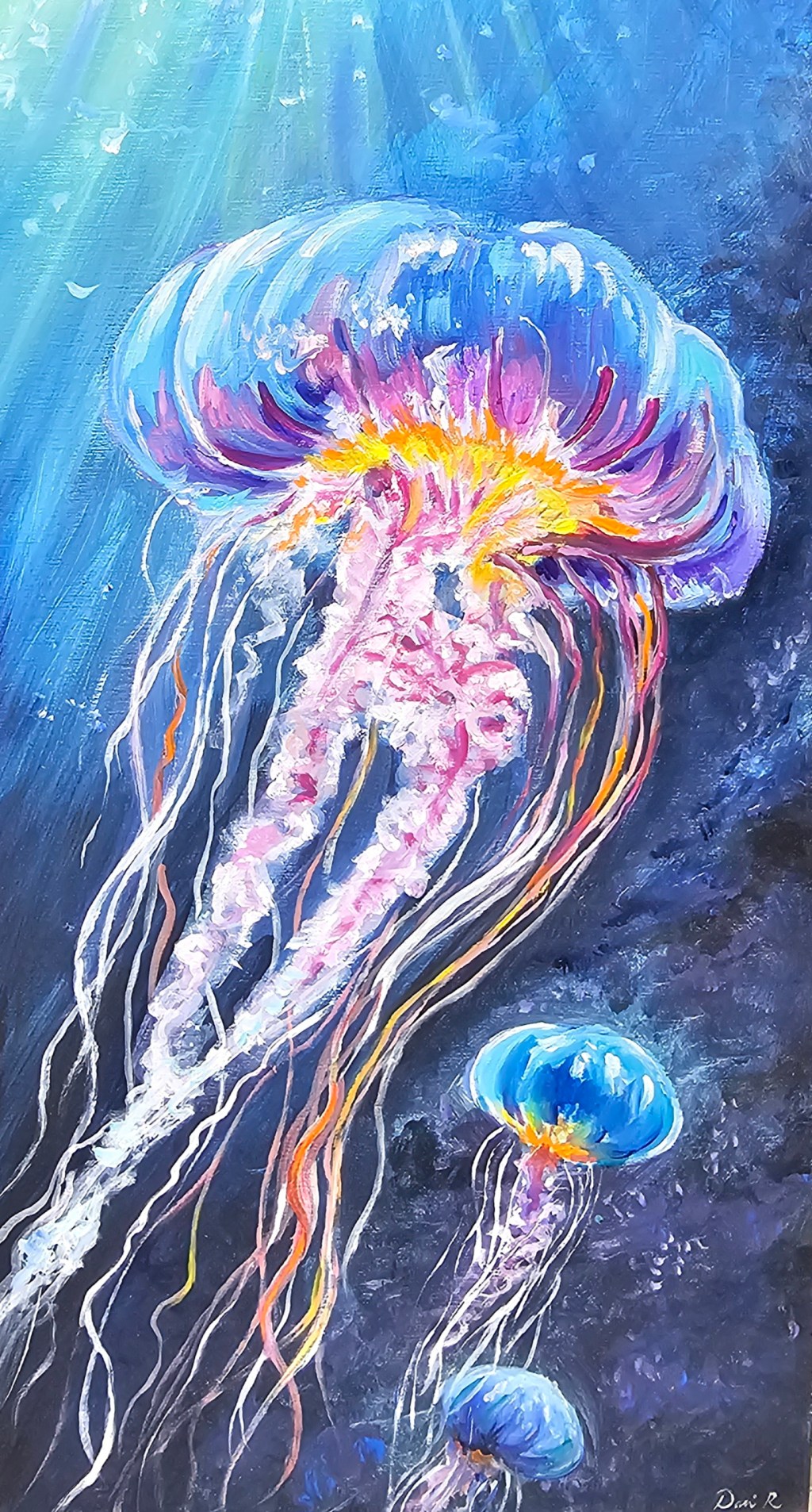 Original painting of luminous pink, violet, and electric-blue jellyfish floating in deep blue water.