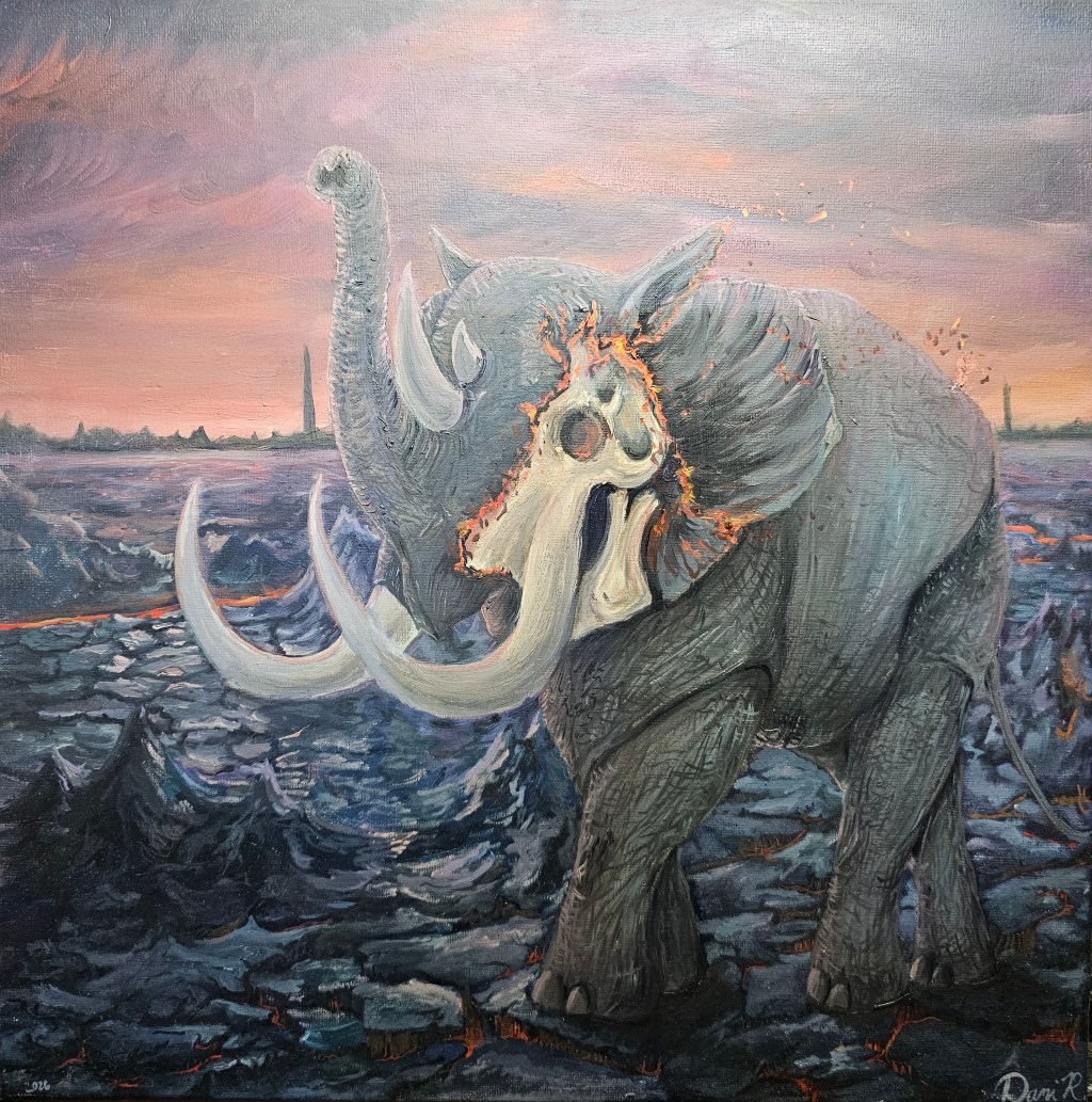 Original painting of a gray mammoth-like creature with a dramatic ivory skull motif standing on dark volcanic ground beneath a pink dusk sky.